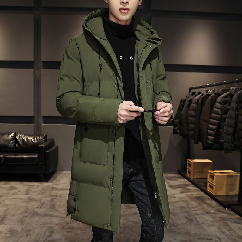 남성용 한국 다운 재킷, 긴 면 코트, 중간 길이 무릎 두꺼운 후드 면 의류, 겨울