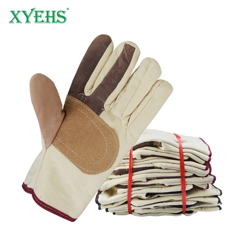 XYEHS 10 par płócienne rękawice ochronne spawalnicze w/ Palm & Finger wzmocnienie skóry bydlęcej gruba wkładka odporna na zużycie i antypoślizgowa