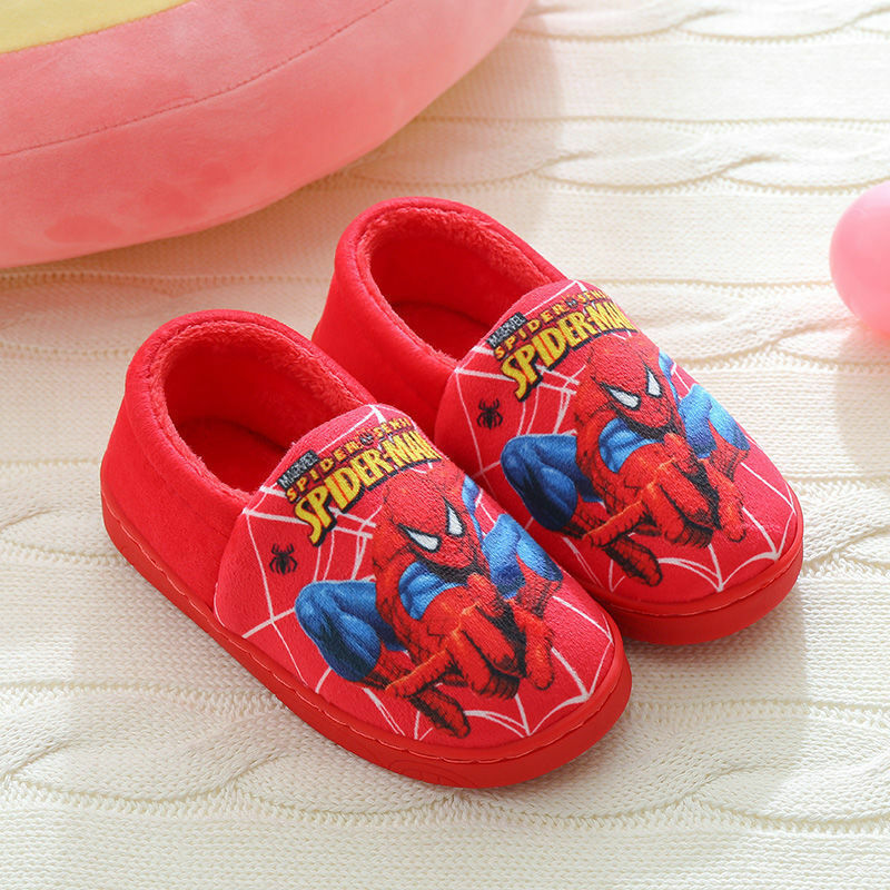 スパイダーマンパターンシューズ子供用、子供用コットンスリッパ、漫画ベルベット暖かい靴、家庭用、冬に適しています