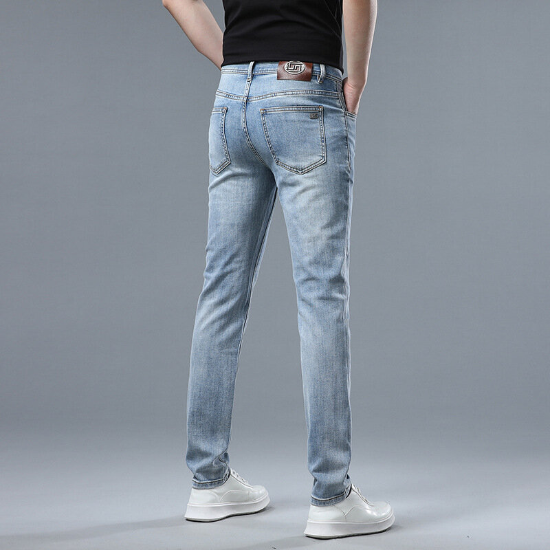 2024new light luxury high-end blue jeans men's simple fashion summer slim casual stretch office pants