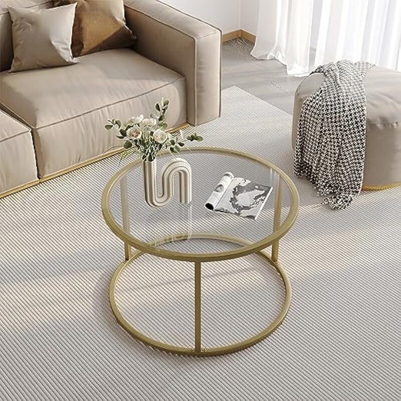 SAYGOER-Petite table basse ronde en verre doré, table centrale simple moderne avec cadre doré, table de rechange
