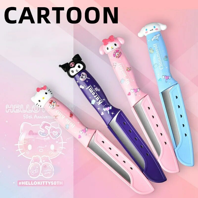 Sanrio MINISO Hello Kitty Kuromi My Melody cuchillo de pelar de cocina de acero inoxidable, portátil para exteriores, cuchillo para pelar frutas y verduras