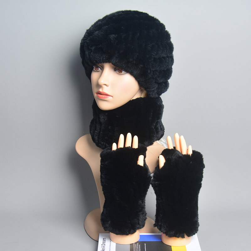 Winter Women Quality Real Fur Scarf Hat  Glove Sets Real Rex Rabbit Fur Knitted Beanies Hat Real Fur Scarf Rex Rabbit Fur Mitten