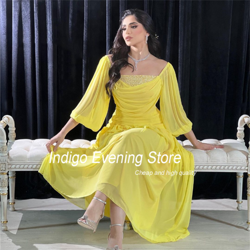 Indigo Prom Dress Square Collar Long Puff Sleeve Beading Floor-Length Elegant Evening Gown Party Dress For Women Vestido De Gala