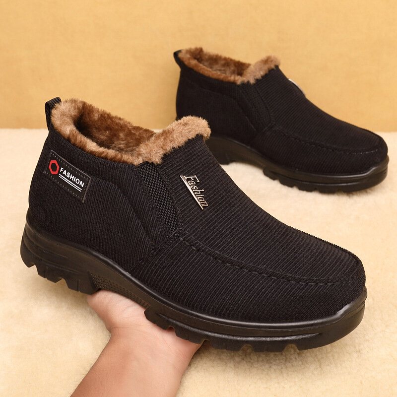 Sepatu Slip-on pria, Kasut kasual hangat beludru tebal nyaman anti slip dan tahan aus luar ruangan musim dingin