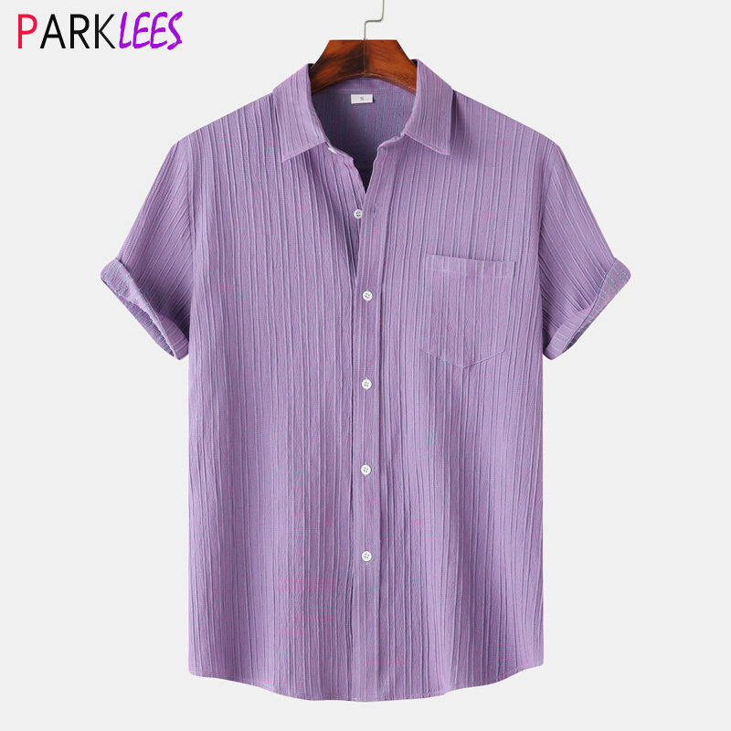 Purple Summer Cotton Linen Shirt Men 2024 Brand New Short Sleeve Beach Holiday Shirts Mens Casual Holiday Party Hawaiian Chemise