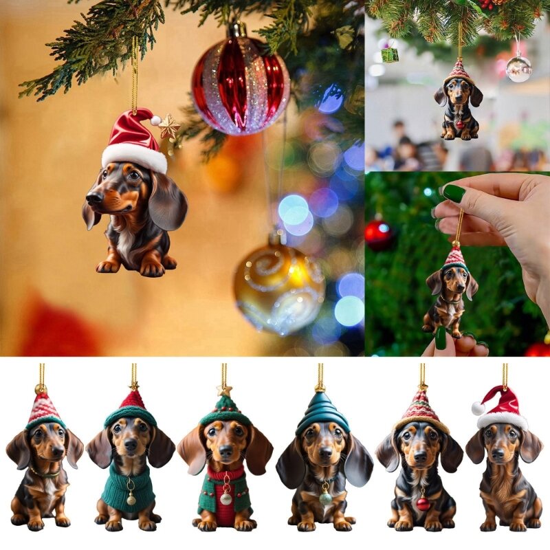 Adornos navideños perro salchicha, árbol Navidad acrílico, adorno colgante para perro salchicha