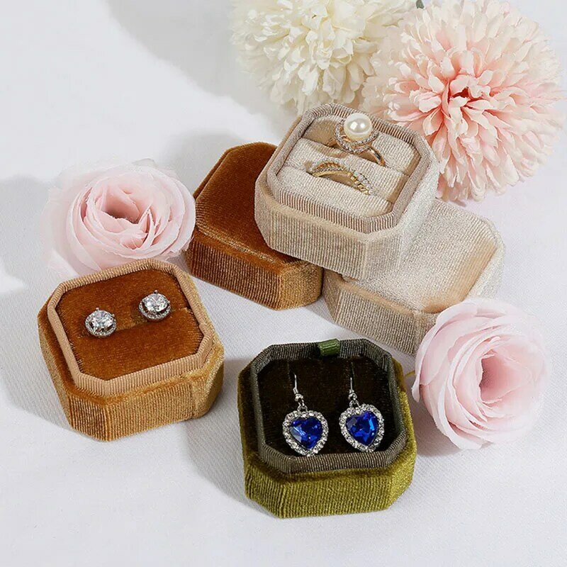 Velvet Jewelry Box Octagon Display Gift Box With Detachable Lid Pendant Storage Double Ring Container Necklace Earring Packaging