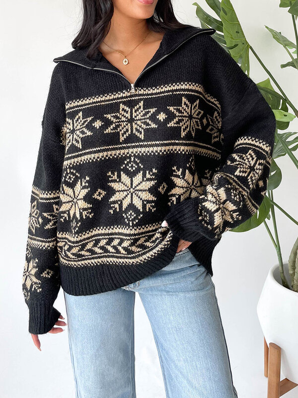 Women Knit Sweater Long Sleeve Turn-down Collar Zipped Snow Pullover Warm Sweater for Fall Winter