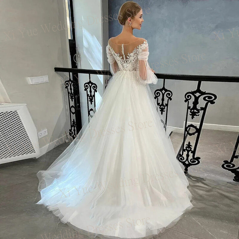 Graceful Beautiful Backless Illusion Wedding Dresses Elegant A Line Appliques Sweep Train Bride Gowns V-neck Long Puff Sleeve