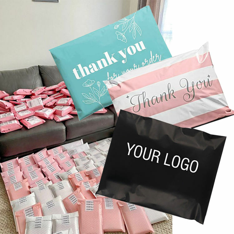 Bolsas de correo de polietileno con logotipo personalizado, sobres de tamaño, envío postal, embalaje, color blanco y negro