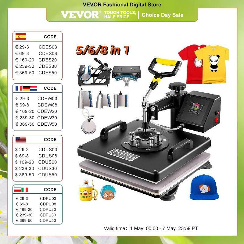 VEVOR-Combo Heat Press Machine, Sublimação Impressora, Transferência Multifuncional para Caneca, Chapéu, Prato, T-Shirt, 30x38cm, 38x38cm, 5, 6 em 1, 8 em 1