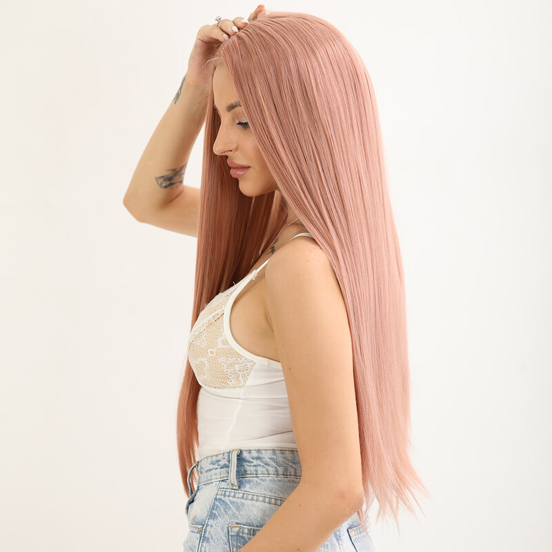 Smilco-Peluca de cabello sintético para mujer, frontal de encaje predespuntado postizo, color rosa, Invisible, resistente al calor, uso diario