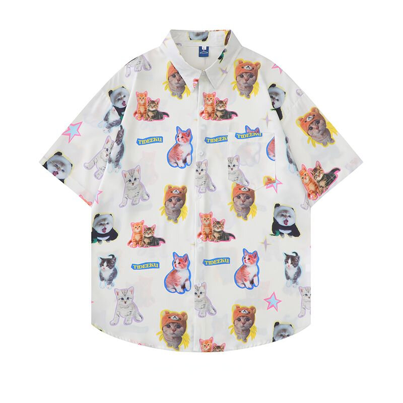 Deeptown-Blusas femininas com estampa Kawaii Cat, Harajuku, fofas, gráficas, brancas, camisas de manga curta, grandes dimensões, casual, estilo praia, cardigã