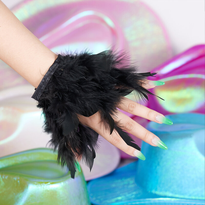 ขนนกกระจอกเทศถุงมือแบบกอธิคแบบยาวสายรัดข้อมือสำหรับงานปาร์ตี้ฮาโลวีนอุปกรณ์ชุดคอสเพลย์ผู้หญิงขายดี