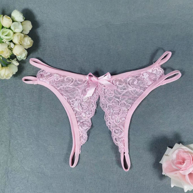 Lace Open Crotch Women Panties Low Waist Split Ends Sexy Temptation Bow Thong Elasticity Breathable Hot Underwear Exotic Panties