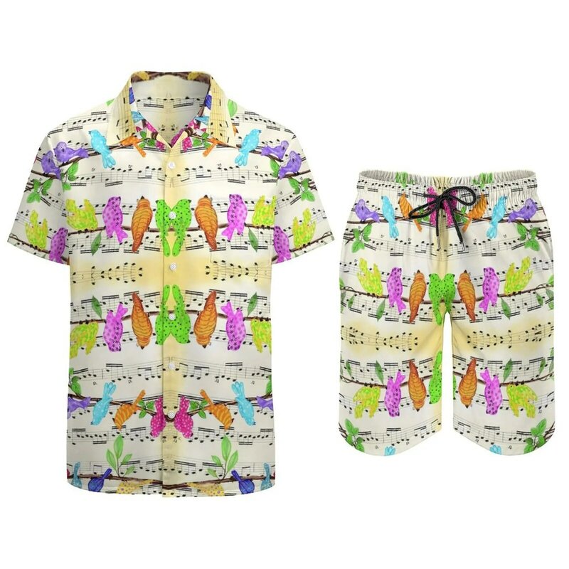 مجموعة قمصان الشاطئ الرجالية الملونة ، تصميم قصير الأكمام ، بدلة كبيرة الحجم ، شورت غير رسمي ، طائر موسيقي ، هدية الصيف
