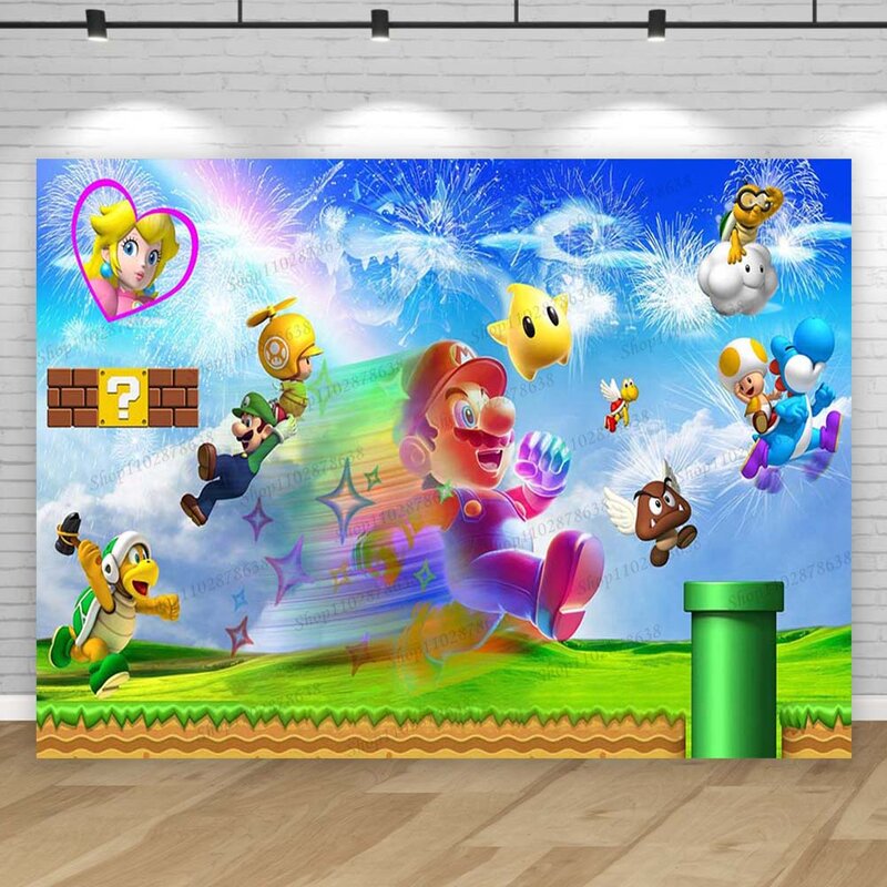 Super Marios Bros Party Backdrop Decoration Boys Challenge Game Birthday Background Baby Shower  Photo Studio Banner Props