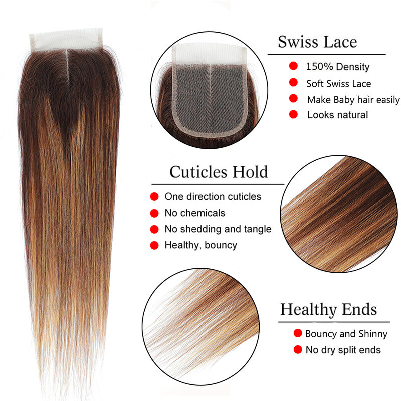 Linhua-Pacotes retos do cabelo humano com fechamento, Ombre, louro do mel, fechamento transparente, P4, 27, 3, 4 pacotes com fechamento