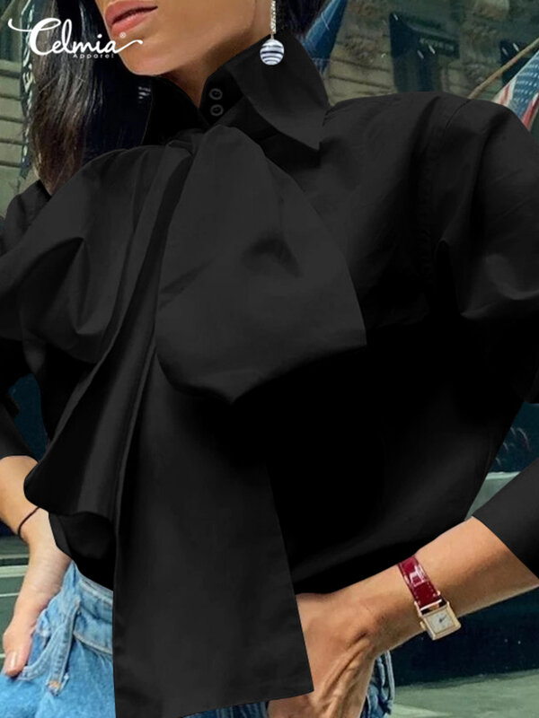 Celmia Kemeja Putih Elegan 2022 Mode Wanita Dasi Kupu-kupu Atasan Lengan Panjang Blus Pesta Kasual Tunik Musim Panas Blus Solid Femininas