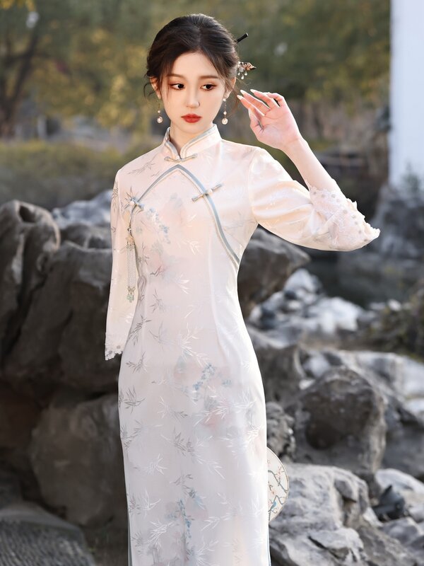 Женское трикотажное платье-Ципао с большими рукавами, в китайском стиле