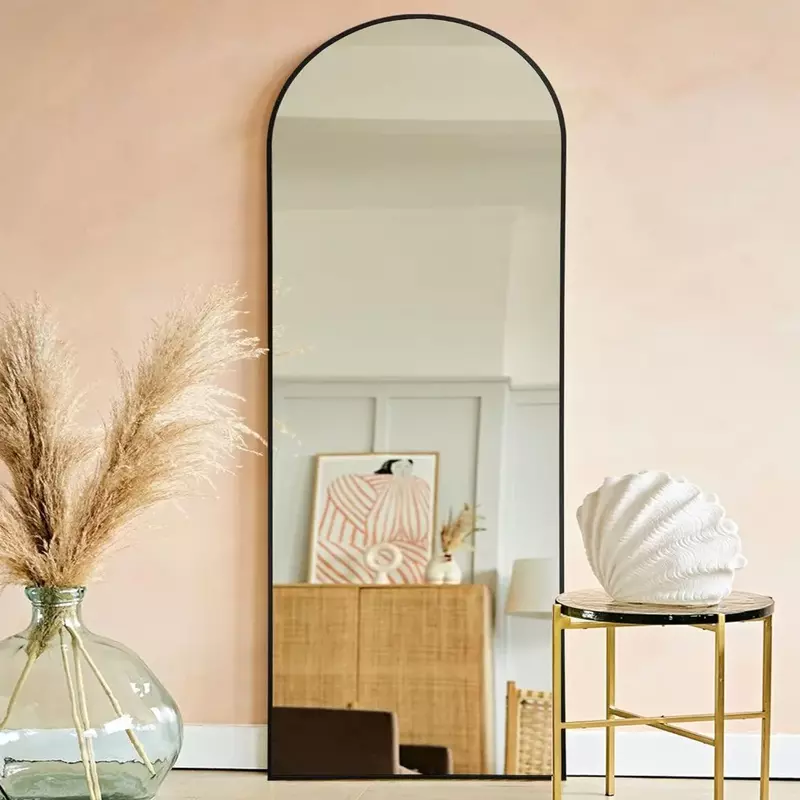 Espelho de vestir do chão ao teto com suporte, espelho de vaidade de corpo inteiro, pendurado ou contra a parede, preto e dourado
