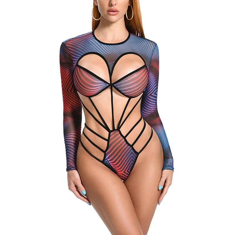 Women Sexy Erotic Lingerie Tight Thin Glossy High Elastic Bodysuit Colorful Jumpsuit Long Sleeve Hollow-Out Leotard Underwear