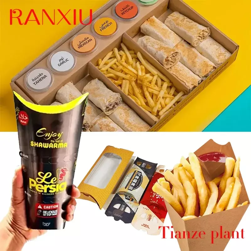 Caja de embalaje de cartón Shawarma con logotipo personalizado, diseño de grado alimenticio, cajas de papel Kebab, cajas de cono de patatas fritas para Busi pequeño