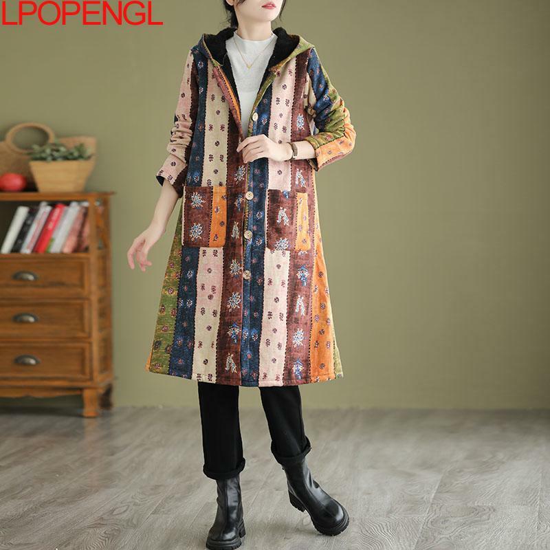 Mode Herbst und Winter neuer ethnischer Stil verdickte mittellange Kapuzen-Baumwoll jacke Frauen einreihiger Mantel mit breiter Taille