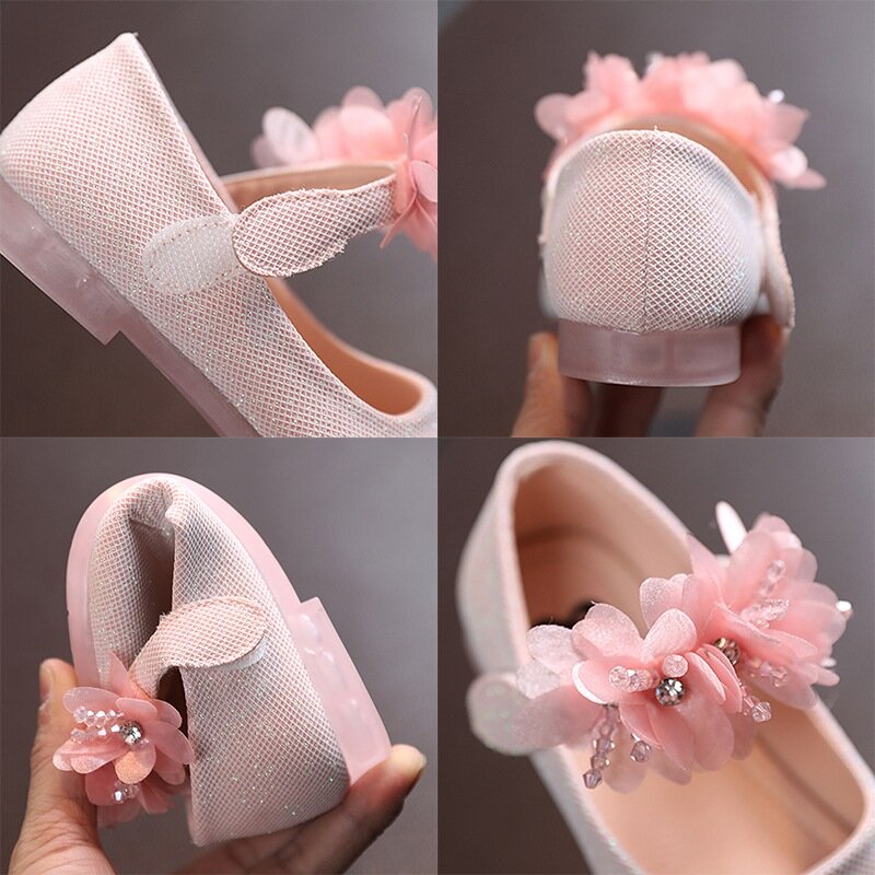 Zapatos de cuero de princesa para niñas, Sandalias planas de suela suave con flores brillantes de encaje, color blanco, primavera y verano