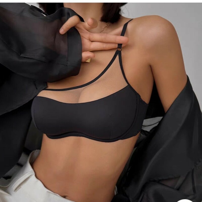 UBAU 프렌치 스파이스 섹시 메쉬 베일 광택 란제리, 여성 작은 가슴, 위로 올라간 가슴, 불규칙한 비 마킹 브래지어 세트