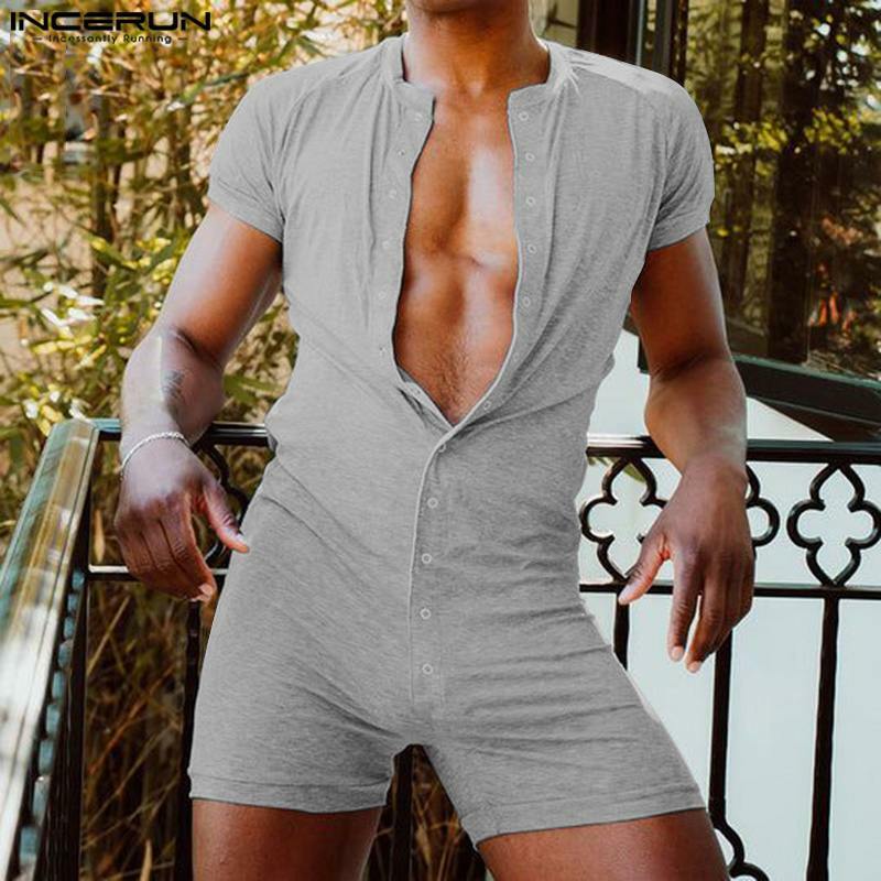 Incerun-O-pescoço monocromático masculino manga curta botão pijama, bodysuits masculinos casuais, Homewear magro, macacões, S-5XL, 2024