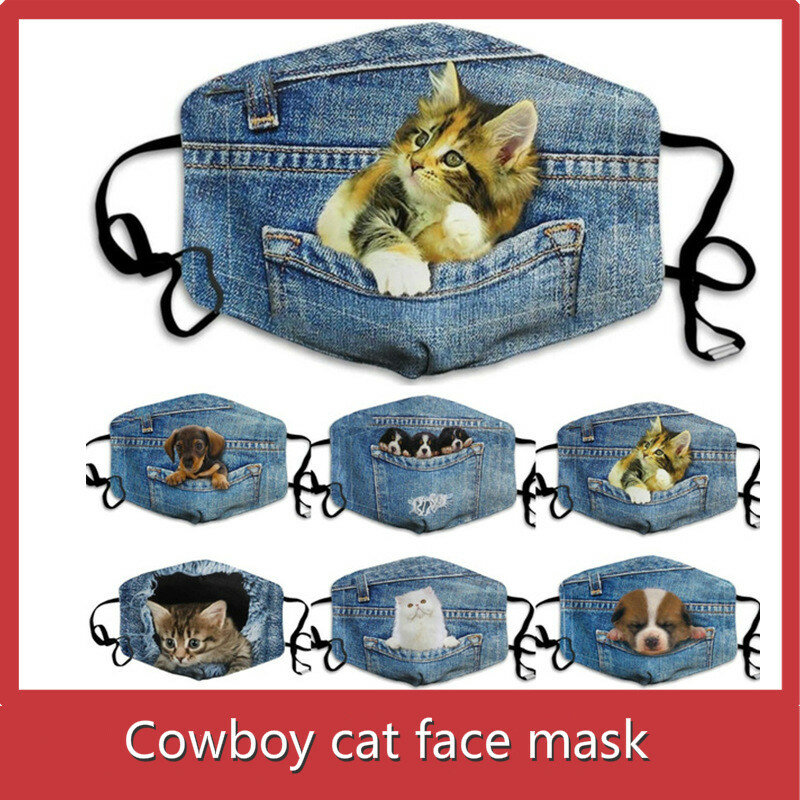 Novas máscaras faciais de gato e cão, europeias e americanas, jeans, moda personalidade, à prova de poeira e à prova de vento, de algodão, unissex