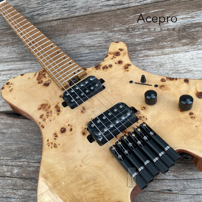 Acepro Natural Burl Maple Top Headless Electric Guitar, Stainless Steel Frets, Roasted Maple Neck, Black Hardware, Free Shipping