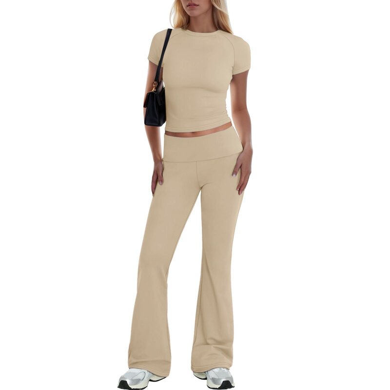 Setelan baju wanita lengan panjang, santai ramping Crop Top celana suar olahraga kasual Set Hottie musim gugur Streetwear