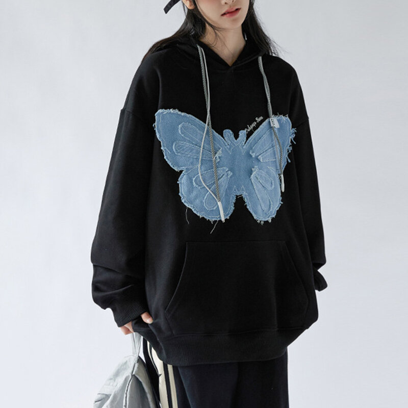 Camisola de pelúcia americana Butterfly feminina, capuz, pulôver, casaco solto, outono, inverno, novo, 2024