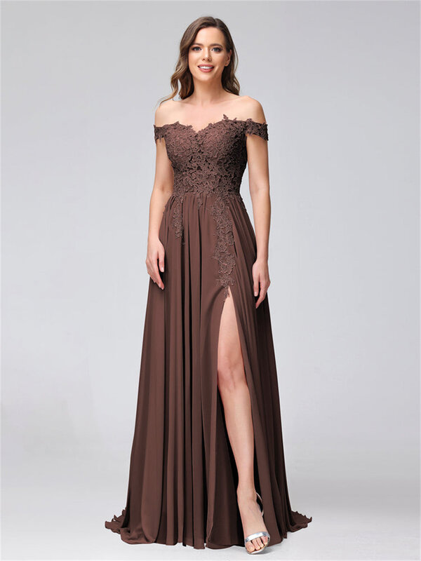 Off-the-Shoulder Appliqued Chiffon Evening Dress A-Line Sleeveless V-neck Backless High Slit Pleated Lace Appliques Ball Gowns