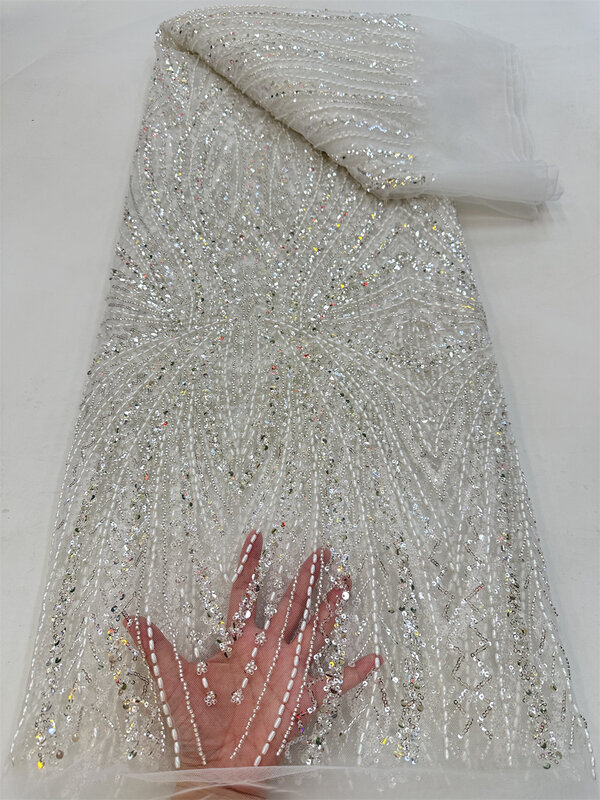 Африканская кружевная ткань для жениха 2024, Высококачественная французская нигерийская вышивка блестками, бусины, тюль, кружевная ткань для пошива свадебного платья