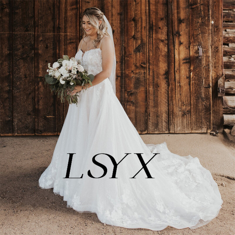 Lsyx-Vネックのノースリーブチュールのウェディングドレス,白いブライダルガウン,ノースリーブ,バック,ジッパー,コート,カスタムメイド