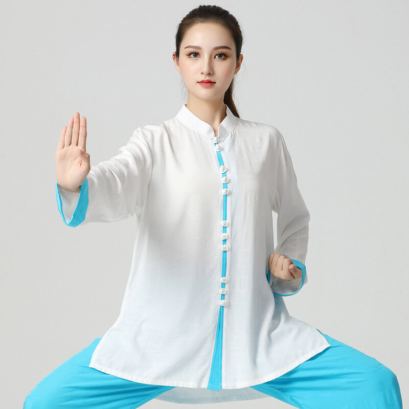 Niebiański jedwabny żakardowy kombinezon Tai Chi damski trening sztuk walki odzież męska średniej długości zestawy Outdoor Fitness Kongfu spodnie