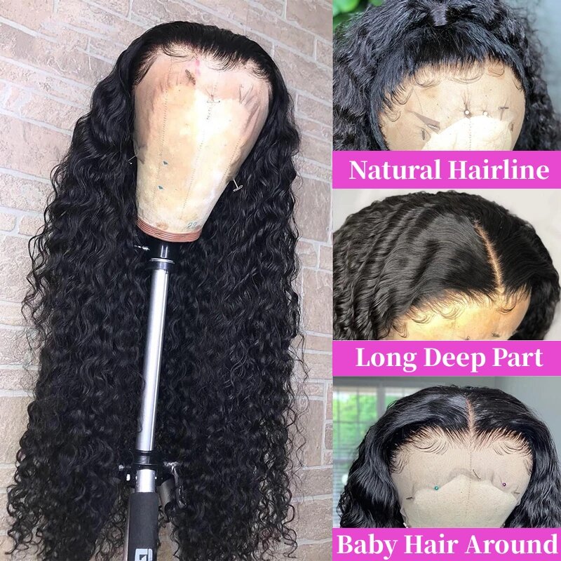 Perruque Lace Frontal Wig naturelle bouclée pour femmes, cheveux ondulés, 30 34 pouces, 13x4, 360, 4x4