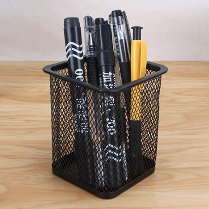 Pot à stylo carré en maille métallique, porte-crayon de bureau, conteneur de stockage, organisateur, durable, noir