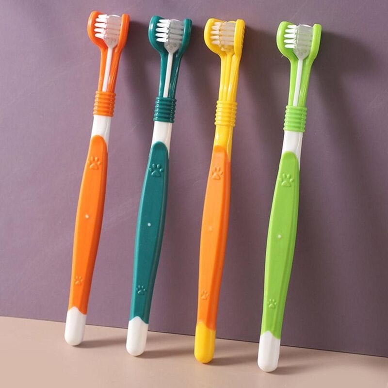 Escova de dentes plástica de três cabeças para animais de estimação, cerdas macias, nylon, cuidados orais, cão pequeno, novo