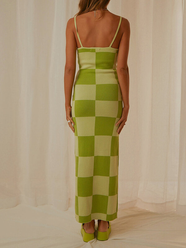 Women's Summer Knitted Slip Dress Checkerboard Wave Print Sleeveless Spaghetti Strap Low Cut Backless Long  Dress  S/M/L