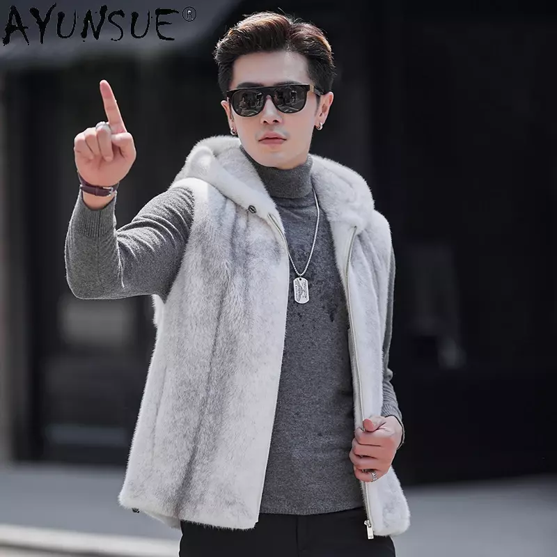 AYUNSUE-Manteau en fourrure de vison véritable pour hommes, vestes à capuche, fibre de fourrure de luxe, vêtements pour hommes, Streetwear, 2023