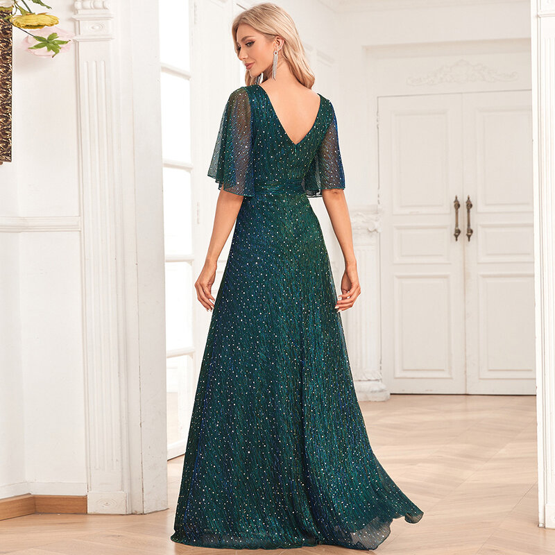 New Sparkling Butterfly Perspective Sleeves with Double V-neck Pleated A Large hem Evening Dress, Wedding Brilliance, and Floor