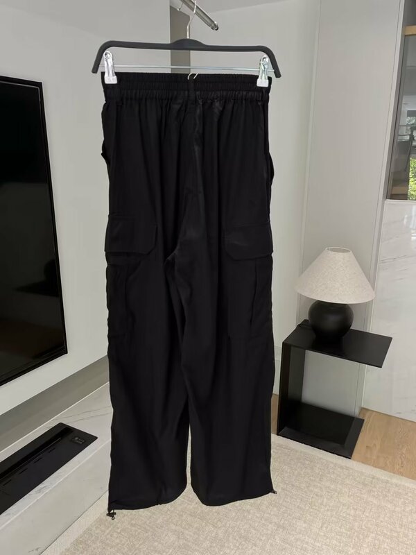 Calça de cintura alta vintage feminina, calça macia com ferramentas, calça feminina de bolso, preta, verão, nova moda, 2023
