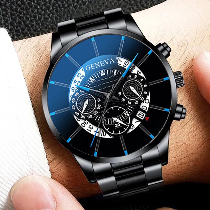 3PCS Set Fashion Mens Business Calendar Watches Men Casual Wings Hand Rope Necklace Stainless Steel Quartz Watch Reloj Hombre