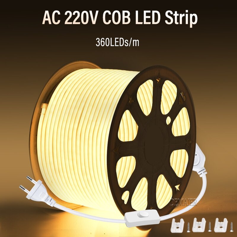 Impermeável COB LED Strip Light, fita flexível FOB, branco quente, decoração ao ar livre, alto brilho, 3000K 4000K 6000K, M RA 90, 220V, 360Leds