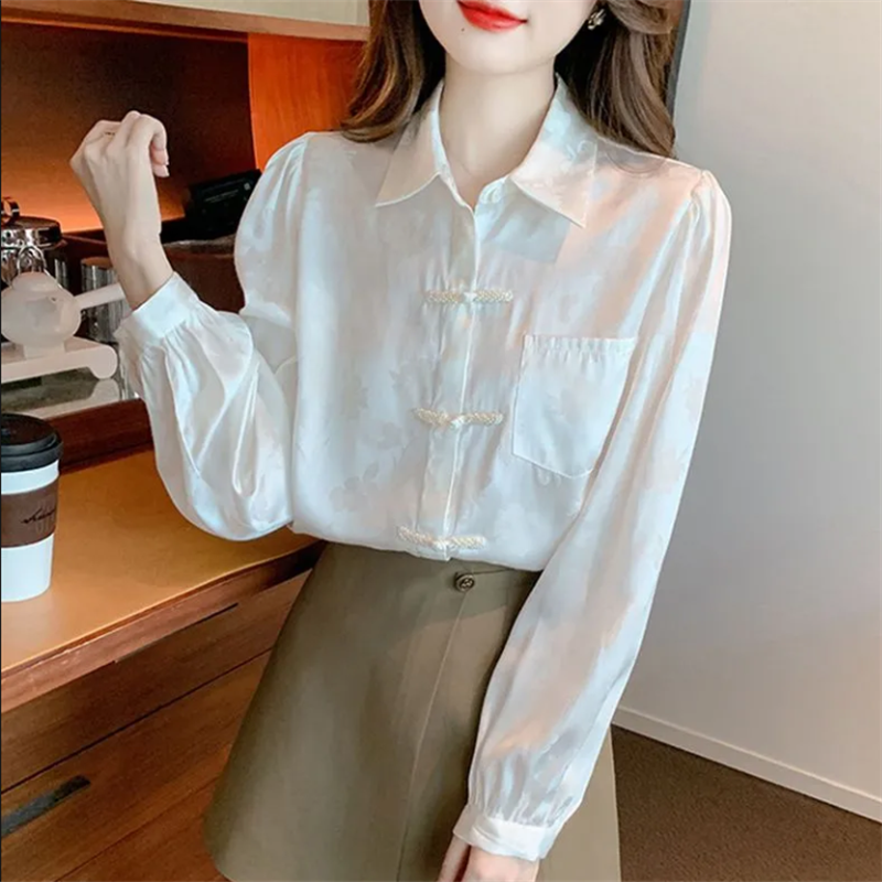 Национальная рубашка, Женские китайские блузки, белые топы для женщин, Ретро стиль, блестящий кардиган с карманами, женская Свободная рубашка